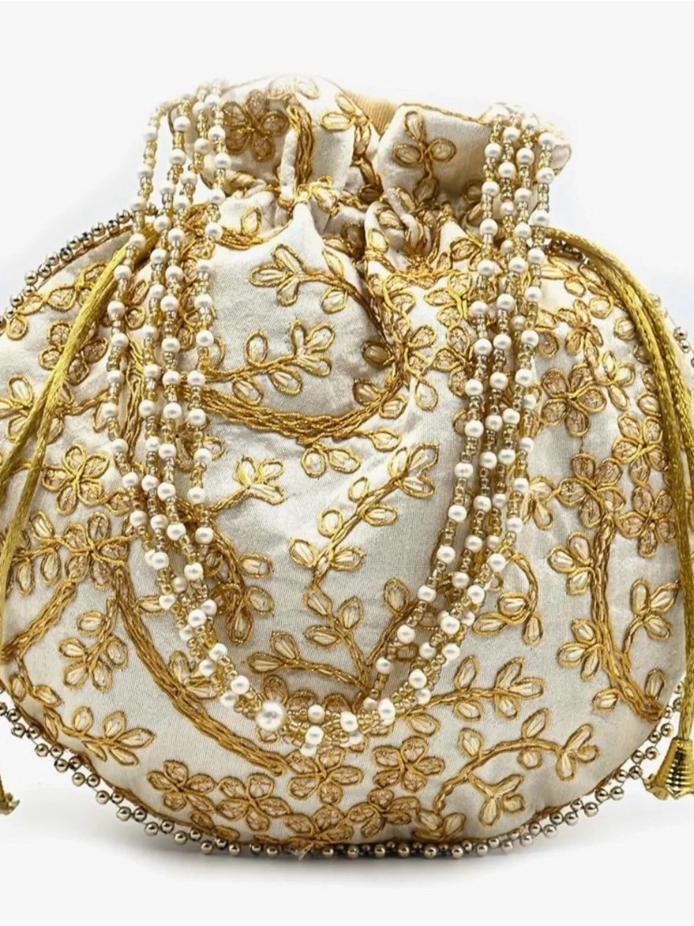 Embroidered Ivory and Gold Beaded Potli Bag